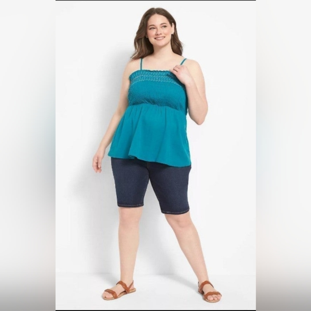 Lane Bryant 100% Cotton Classic Square-Neck Smocked Tank-Tahitian Tide 16W NWT